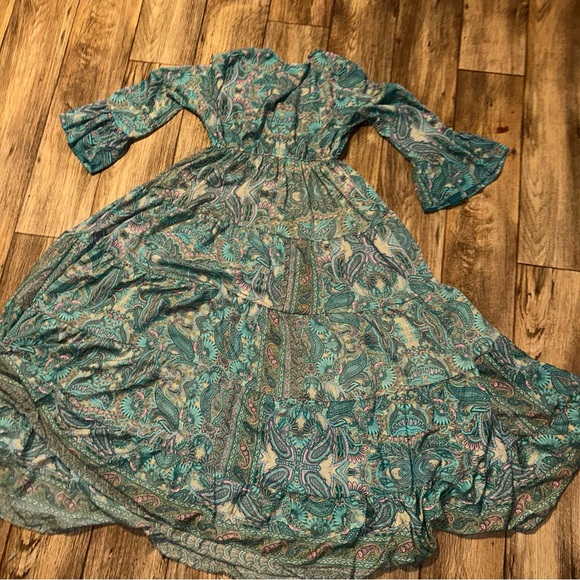 Anthropologie Boemo Maxi Dress M Teal Paisley Tiered Boho CottageTassles - Picture 10 of 10